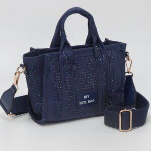 Navy Blue Rhinestone Mini Tote Crossbody Bag | Sparkly Canvas Zip Purse NEW